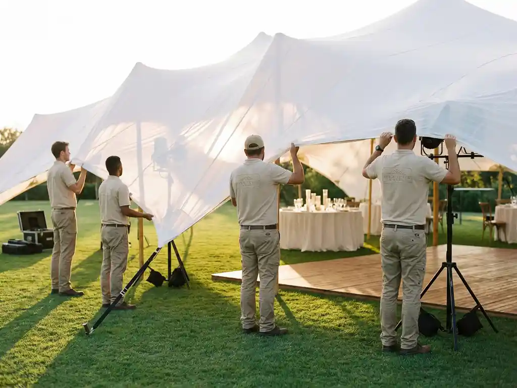 Witte stretch tent wordt professioneel geïnstalleerd op groen gazon met werkers, aluminium palen en houten vloerpanelen