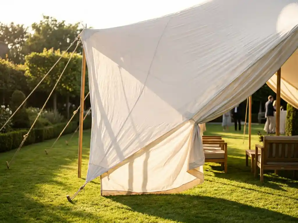 Witte stretch tent opgehangen boven verzorgde tuin met één zijpaneel open, natuurlijk licht filtert door doorzichtige stof