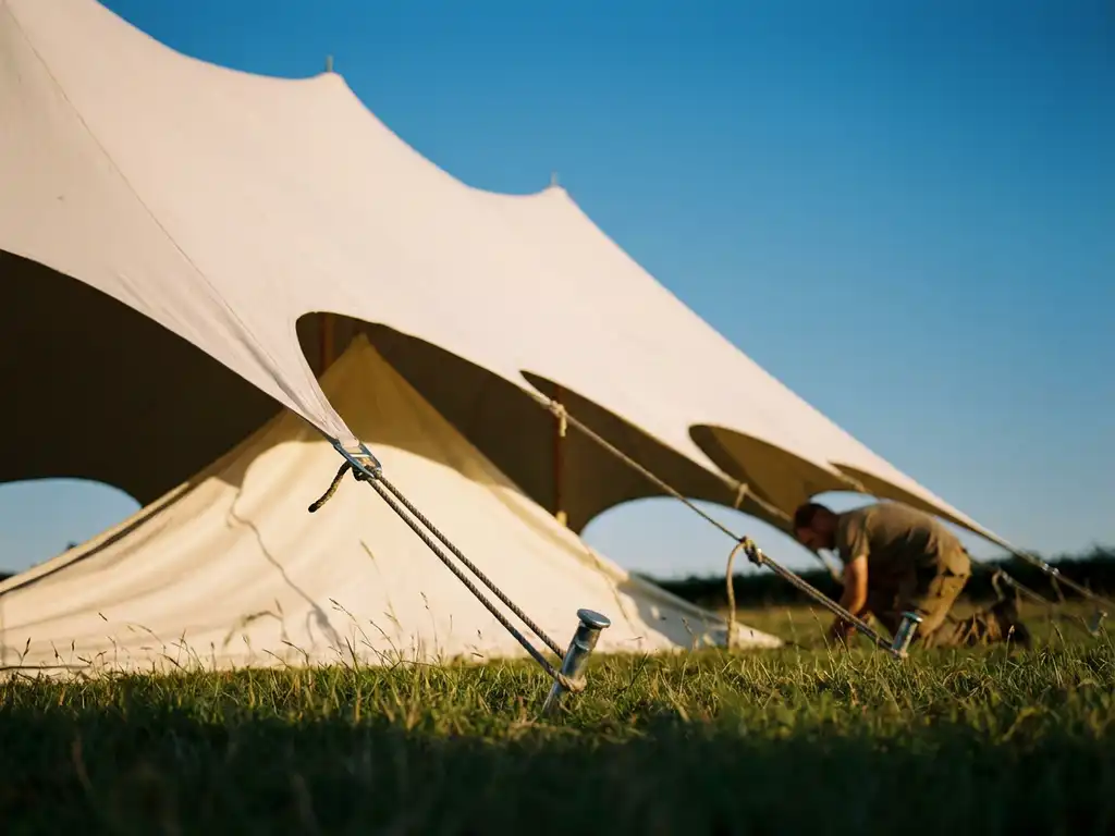 Witte stretch tent met vloeiende stof stevig verankerd met stalen pennen op vlak gras tijdens gouden uur