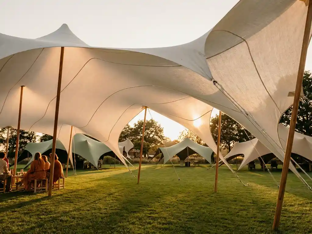 Witte stretch tent met vloeiende lijnen op groen gazon tijdens gouden uur, moderne gespannen structuur in focus