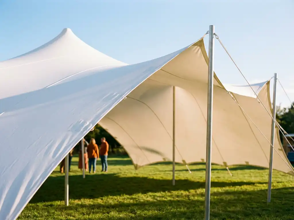 Witte stretch tent met vloeiende stof tussen metalen palen op groen gras tegen blauwe hemel