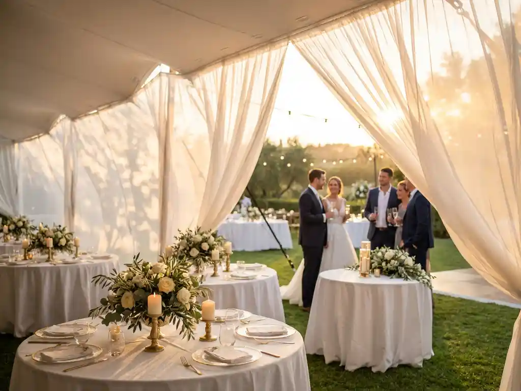 Witte stretchtent over bruiloftsreceptie met ronde tafels, bloemen en bruidspaar tussen gasten in gouden avondlicht