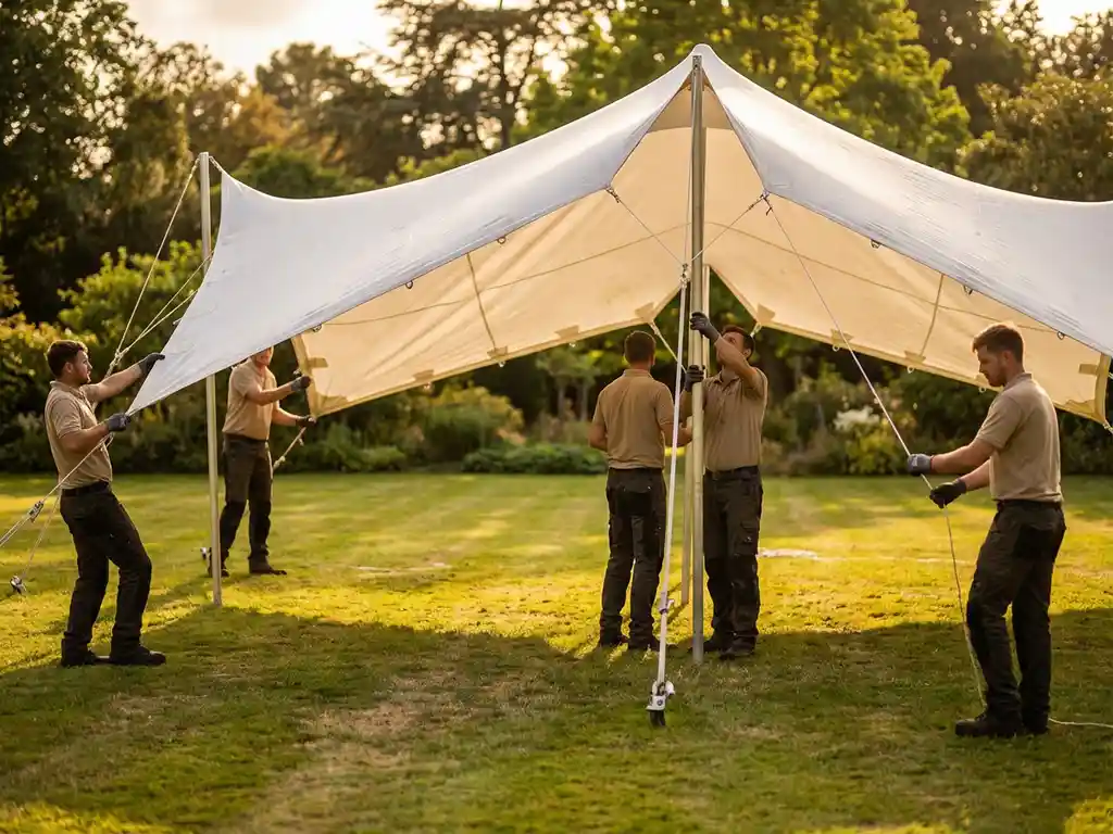 Professionele tentmonteurs installeren witte stretch tent op groen gazon, gouden namiddaglicht filtert door doorzichtige stof