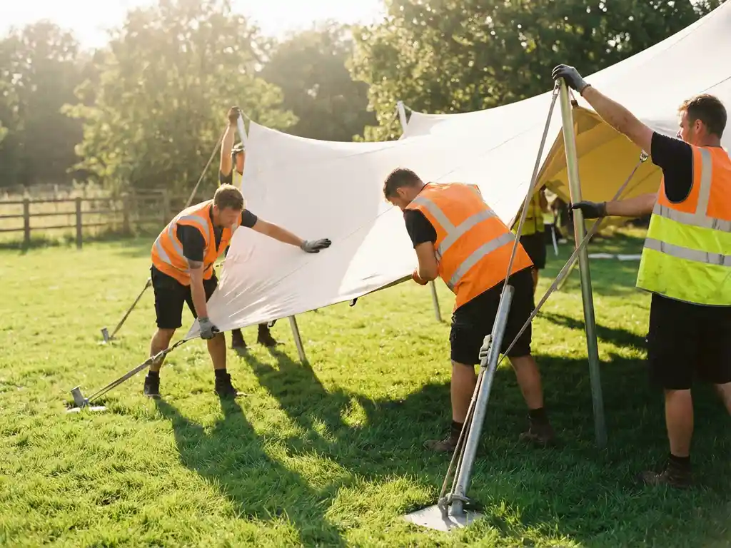 Professionele tentmonteurs in veiligheidsvesten spannen witte stretch tent op groen gras bij gouden middagzon