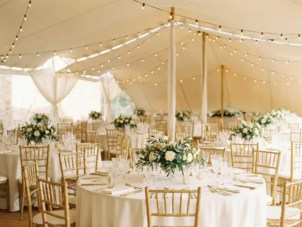 Elegante trouwreceptie in een witte stretchtent met ivoren tafellakens, gouden Chiavari-stoelen en bloemstukken onder sfeervol lichtjesplafond.