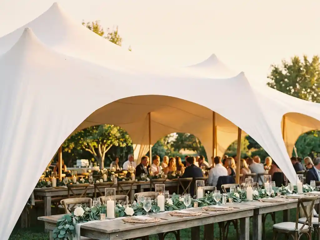 Witte stretchtent over een romantische buitenreceptie met rustieke houten tafels, kaarsen en bloemstukken in een groene tuin.