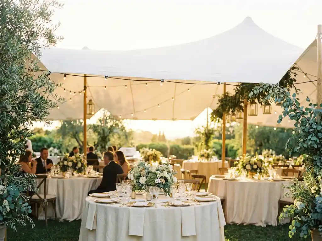 Witte stretch tent boven een stijlvolle huwelijksreceptie met ronde tafels, bloemstukken en gouden uurlicht.