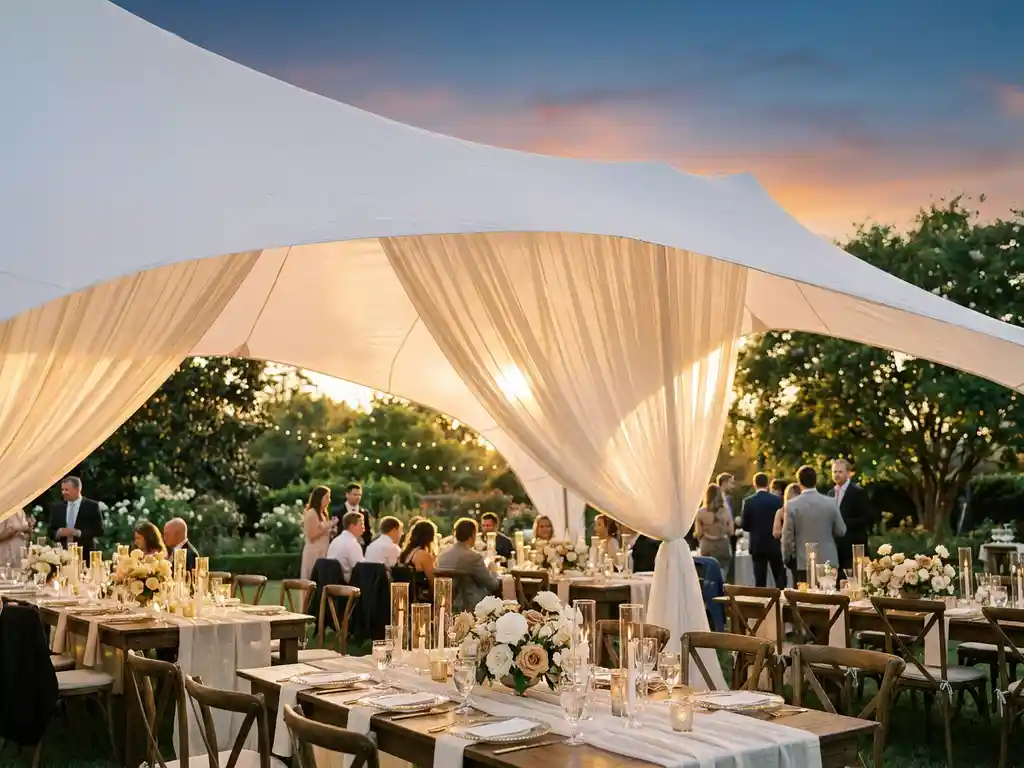 Witte stretch tent boven romantische buitenreceptie met lange tafels, kaarsen en bloemstukken in goud- en bloosroze tinten.