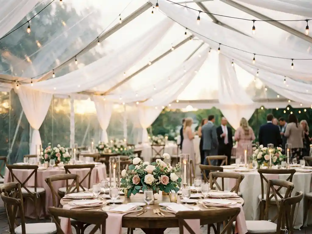 Romantische trouwreceptie onder een stretchtent met witte stoffen, Edison-lampjes, ronde tafels met bloemstukken en kaarslicht in blush en ivoor tinten.