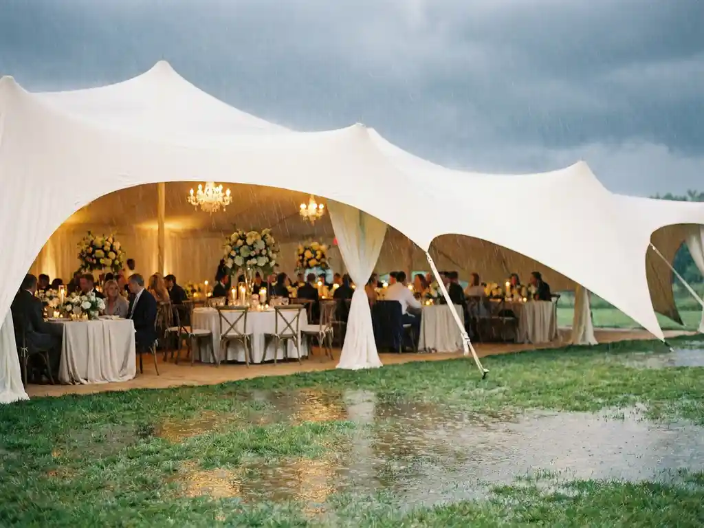 Witte stretch tent beschermt een elegante bruiloftreceptie met bloemstukken en gouden kaarslicht tijdens hevige regenval buiten.