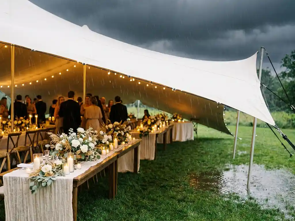 Witte stretchtent met feestelijk gedekte tafels en bloemstukken tijdens huwelijksreceptie, buiten zware regen en plassen op groen gras.