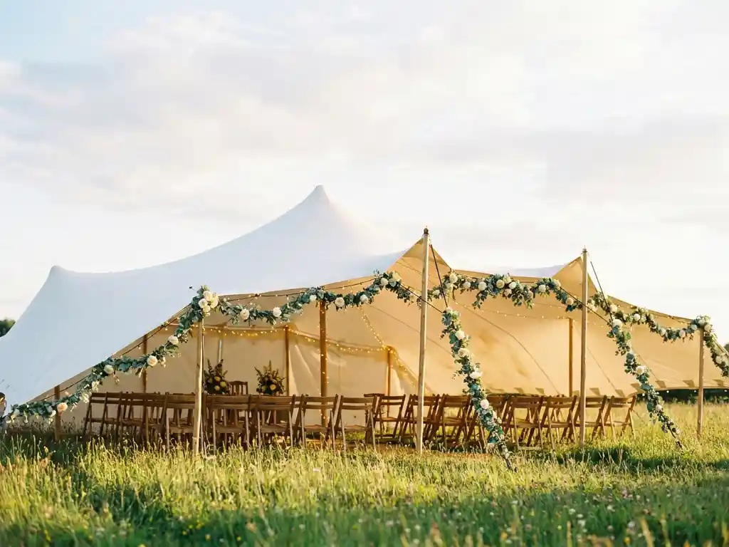 Witte stretch tent in groene weide met lichtslinger, bloemenslingers en houten stoelen tijdens gouden-uur bruiloft.