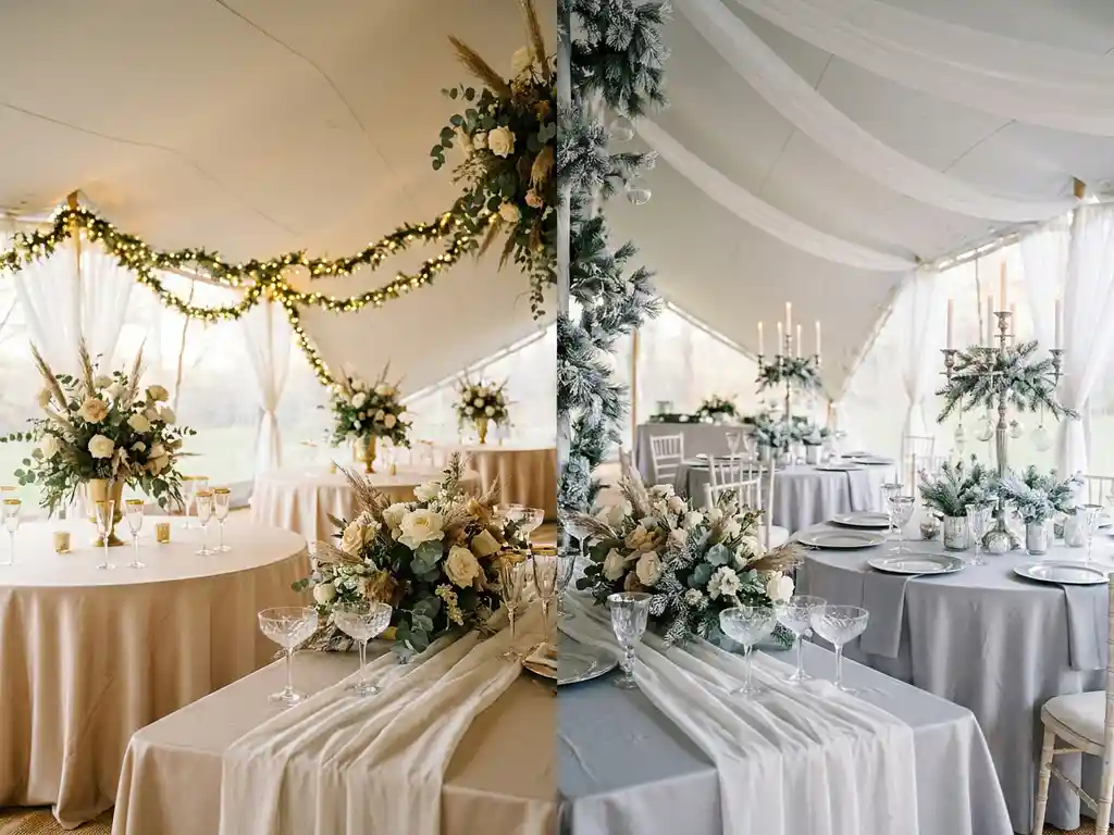 Luxe witte stretchtent voor bruiloft met zomerse lichtjes en winterse groenversiering, champagneglazen op gedrapeerde tafel in ivoor en goud.