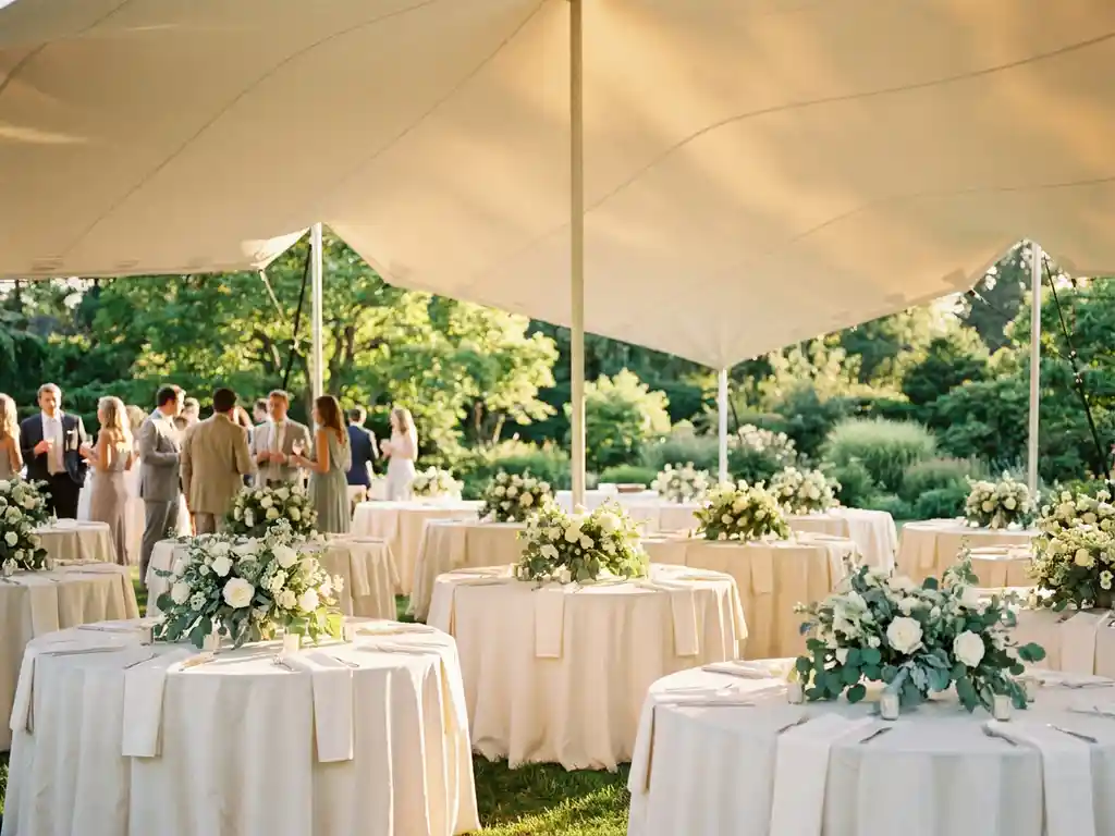 Witte stretch tent met ronde tafels in ivoren linnen en bloemstukken, gasten in gouden avondlicht, groene tuin op de achtergrond.