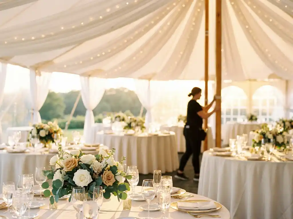 Feestelijk ingerichte trouwtent met witte stoffen plafonddraping, bloemstukken op ronde tafels en sfeervolle prikkabels.