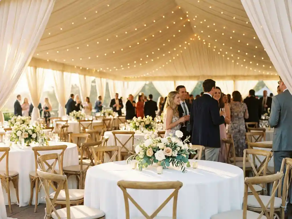 Elegante trouwtent met ronde tafels in witte linnen, bloemen centerpieces en sfeervolle lichtslingers in goud en saliegroen.