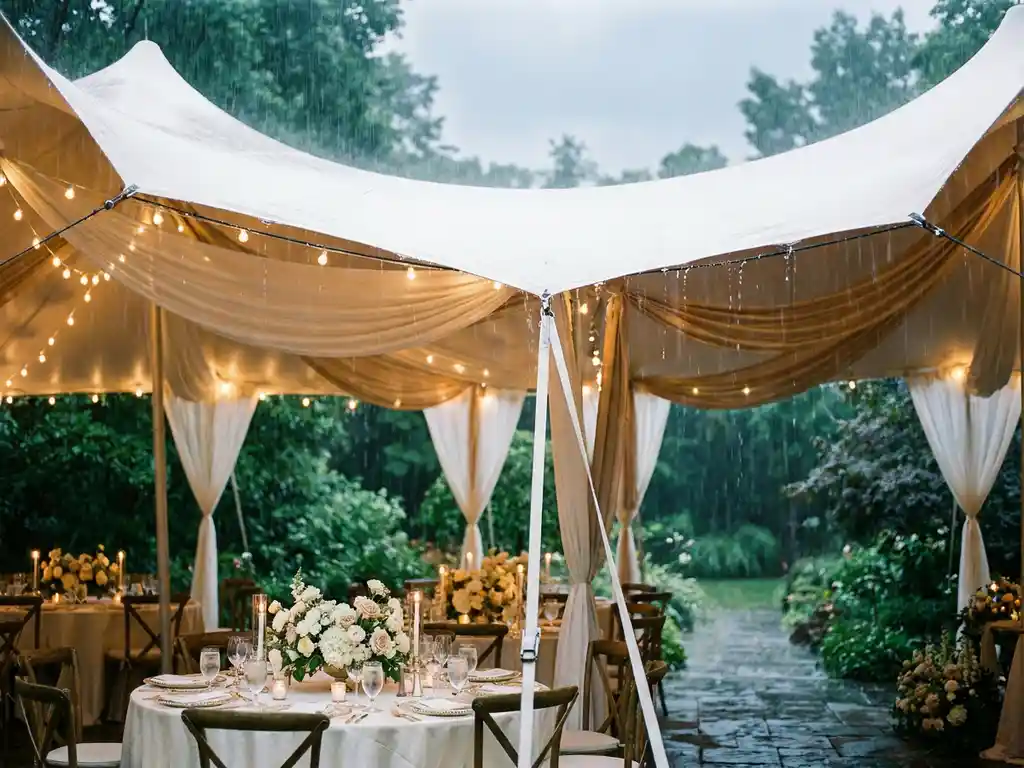 Elegante witte stretchtent met feestelijk gedekte tafels en bloemstukken tijdens een bruiloft buiten in de regen.