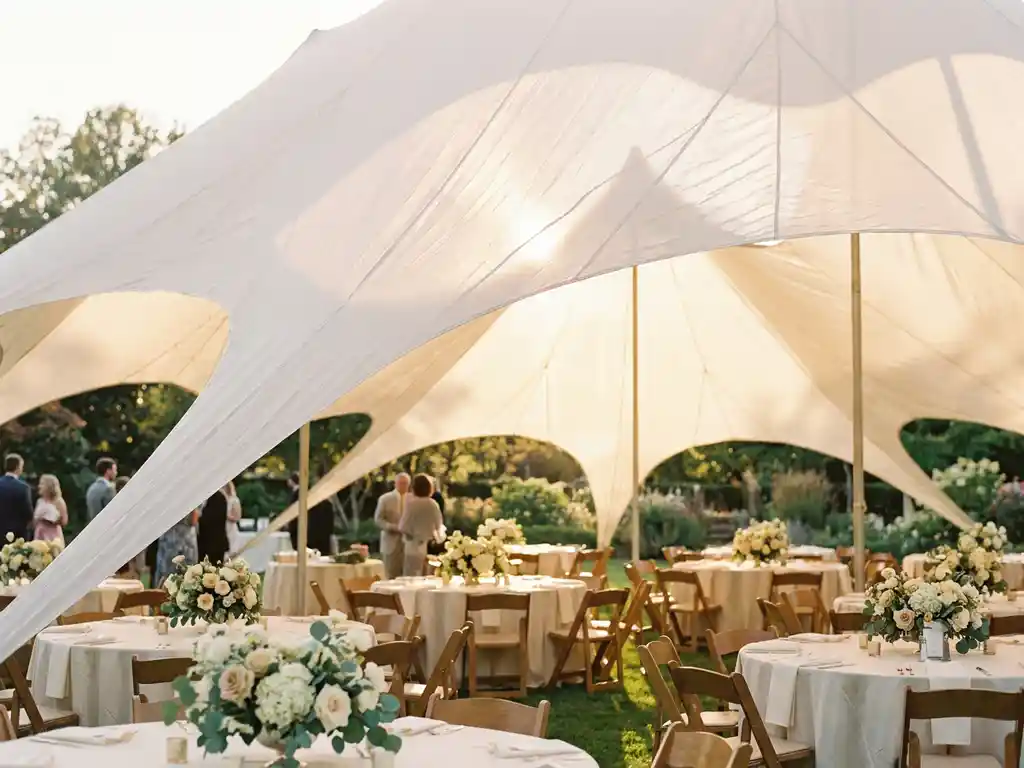 Witte stretch tent met gebogen pieken boven een buitenbruiloft, ronde tafels met ivoren linnen en bloemstukken in gouden-uurlicht.