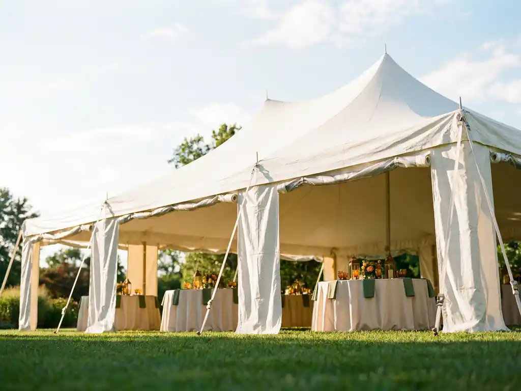Witte pagodatent op groen gazon met ronde tafels voor vijftig gasten, gouden middaglicht en zomerse blauwe lucht op de achtergrond.