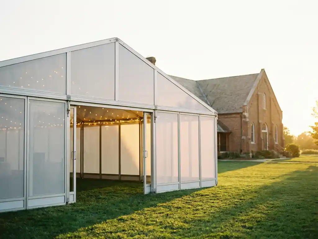 Aluminium evenementenhal tent op zonnig buitenterrein met sfeerverlichting, traditioneel bakstenen trouwlocatie op achtergrond.