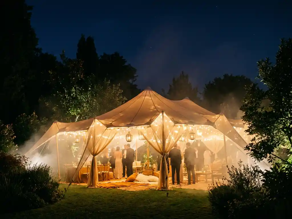 Verlichte stretch tent in avondtuin met gouden slingerverlichting en silhouetten van elegante gasten tegen donkerblauwe lucht.