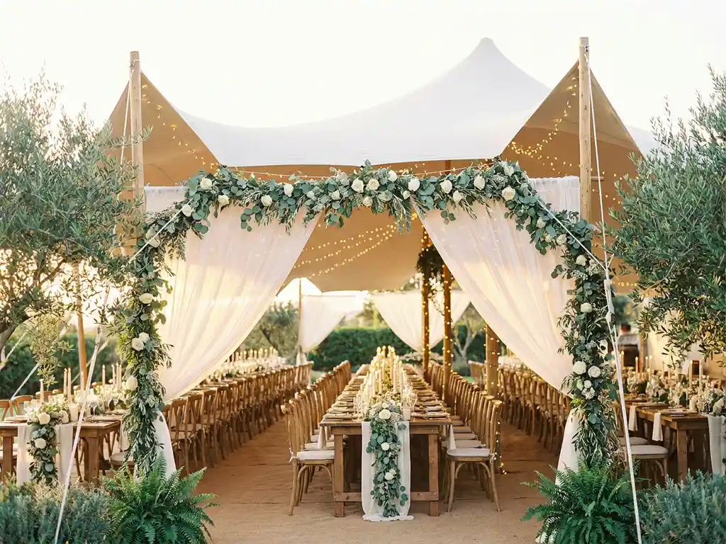 Luxueuze witte stretch tent met kaarslicht tafels, bloemstukken en sfeerlichten tijdens een romantische huwelijksreceptie.