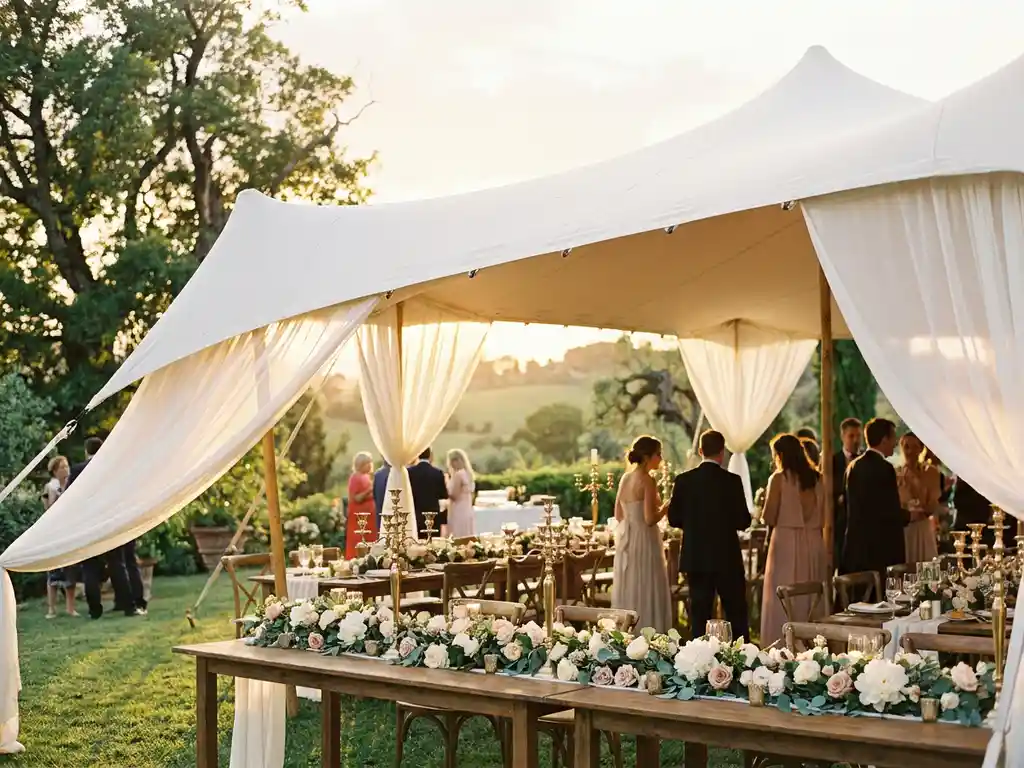 Witte stretch tent over een romantische buitenbruiloft met gedekte tafels, bloemstukken en gouden avondlicht in een groene tuin.