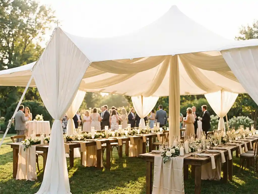 Witte stretch tent over een romantische huwelijksreceptie met bloemtafels en kaarslicht in een groene tuin tijdens het gouden uur.