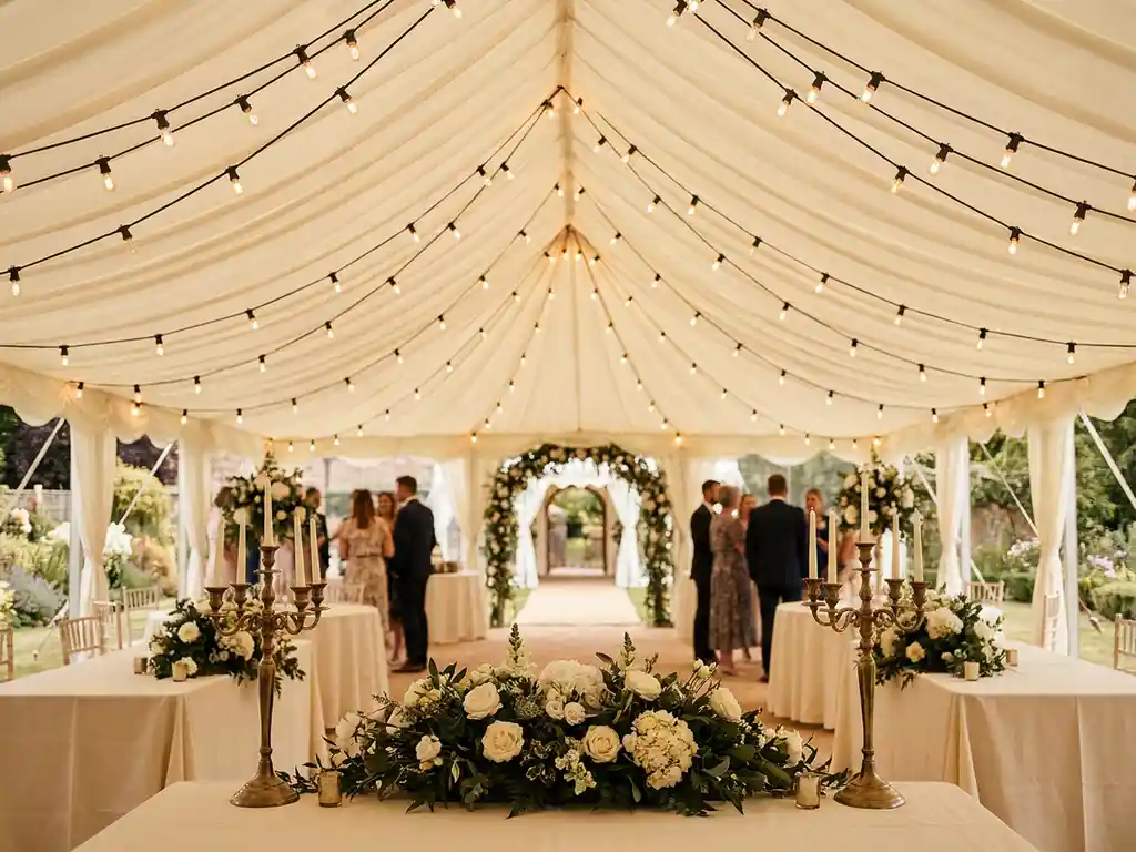 Elegante stretch tent met warm verlichte ivoren stofplafond, bloemstukken en linnen tafels in goud- en groentinten voor een bruiloft.