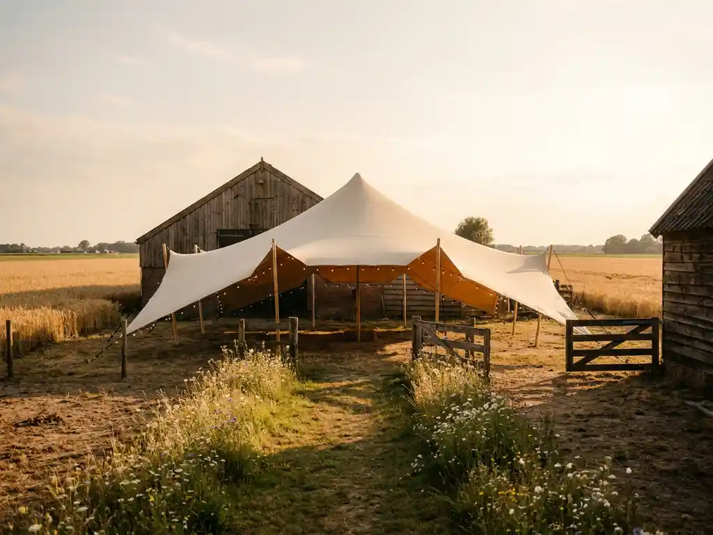 Witte stretch tent op rustiek Nederlands boerenerf, omgeven door goudkleurige korenvelden en houten schuur in gouden avondlicht.