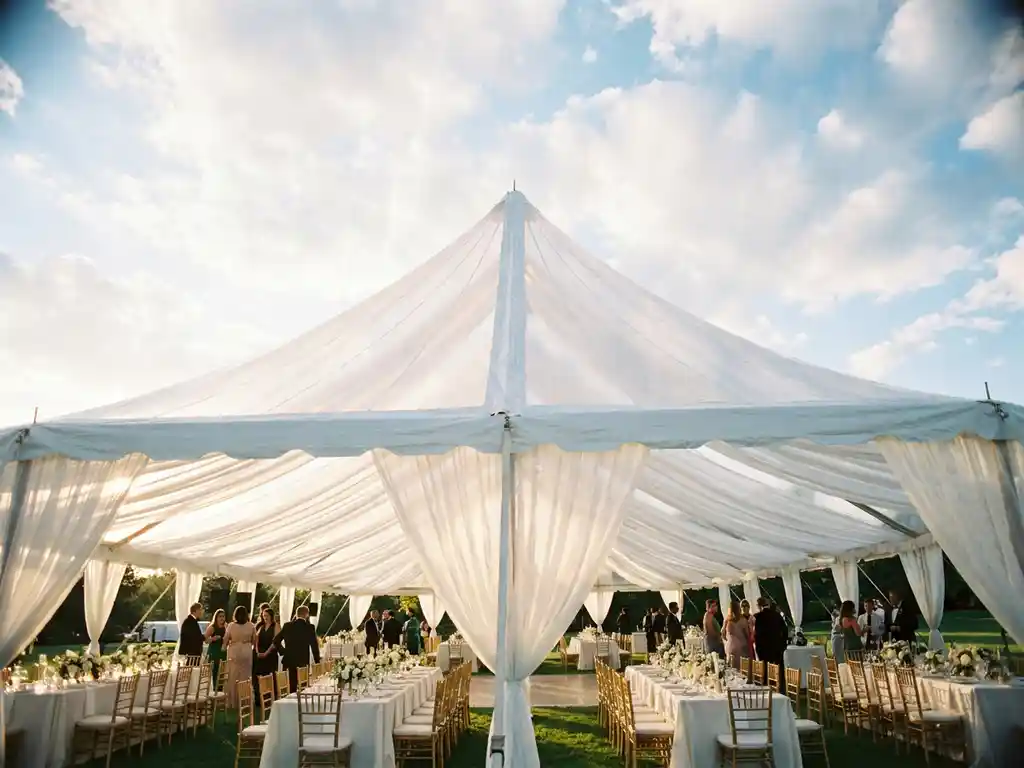 Elegante stretch tent met banketrijen op groen gazon, wit tentdoek gloeit tegen blauwe lucht in warm middagzonlicht.