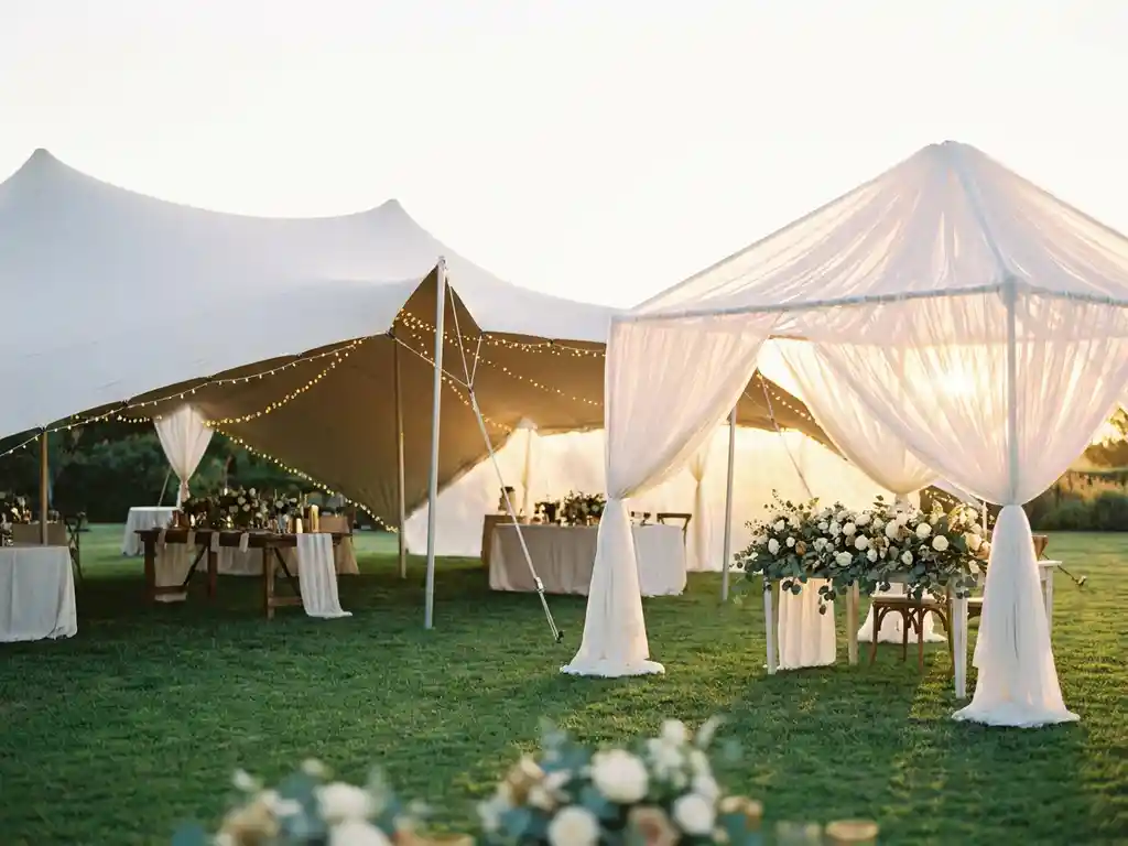 Witte stretchtent en elegante dreamtent met sprookjesverlichting en bloemstukken op groen gazon tijdens gouden uur.