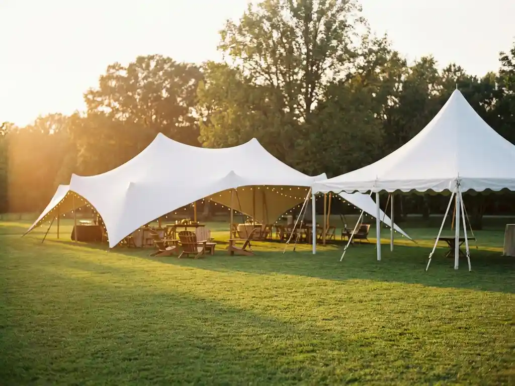 Witte stretch tent met gebogen daklijn naast traditionele puntdaktent op groen evenemententerrein, elegante buitenmeubelen, gouden uursbelichting.