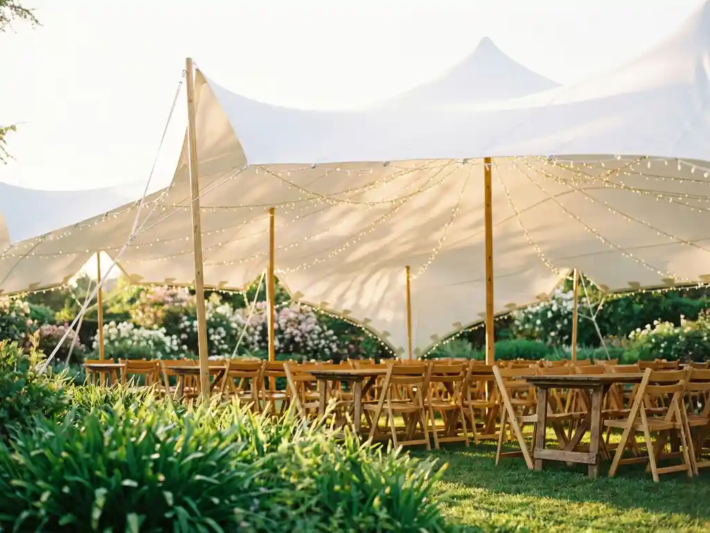 Witte stretch tent met sprookjesverlichting en houten klapstoelen in een groene tuin tijdens gouden avondlicht.