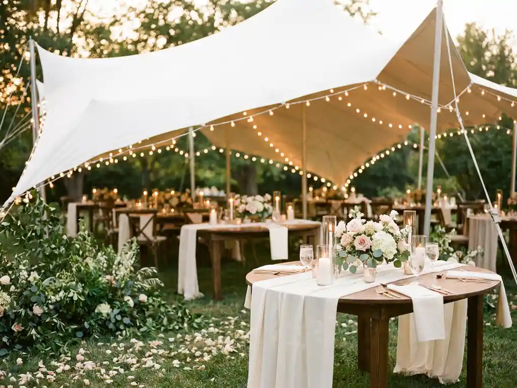 Stretch tent met sprookjesverlichting bij gouden uur, ronde tafels met kaarsen en bloemstukken, rozenblaadjes op het gras.