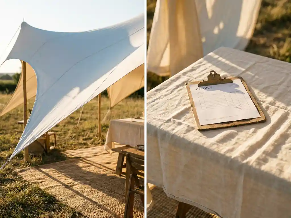 Witte stretch tent in een zonnige buitenlocatie met een klembord op een linnen tafelkleed in warm middaglicht.