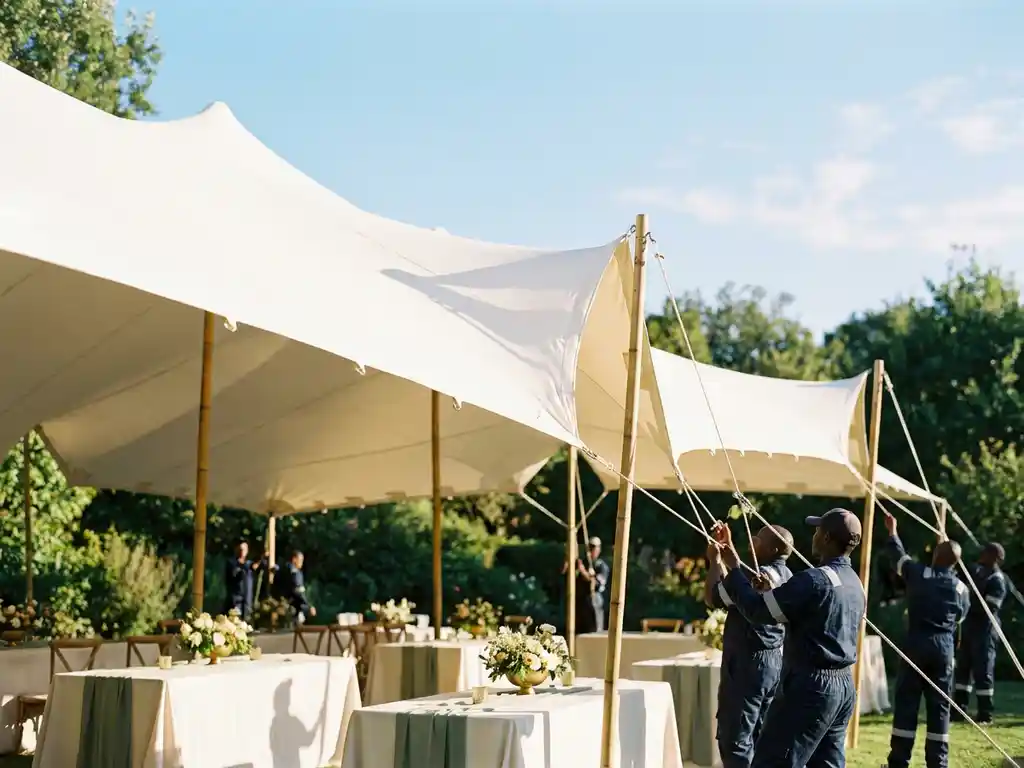 Professionele crew die een witte stretch tent installeert boven een elegante buitenbruiloft, met stalen palen en bloemstukken in een zonnige tuin.