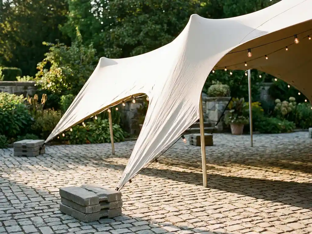 Witte stretch tent op een natuurstenen patio met sfeerlichten, omgeven door groene tuinbeplanting in warm middagzonlicht.