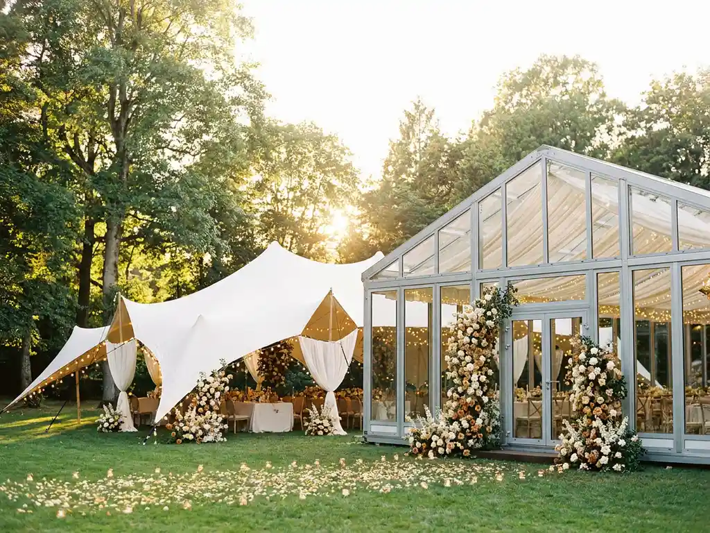 Witte stretch tent met gedrapeerde stofpieken naast een aluminium feesthal, versierd met bloemen en lichtjes op een verzorgd gazon tijdens het gouden uur.
