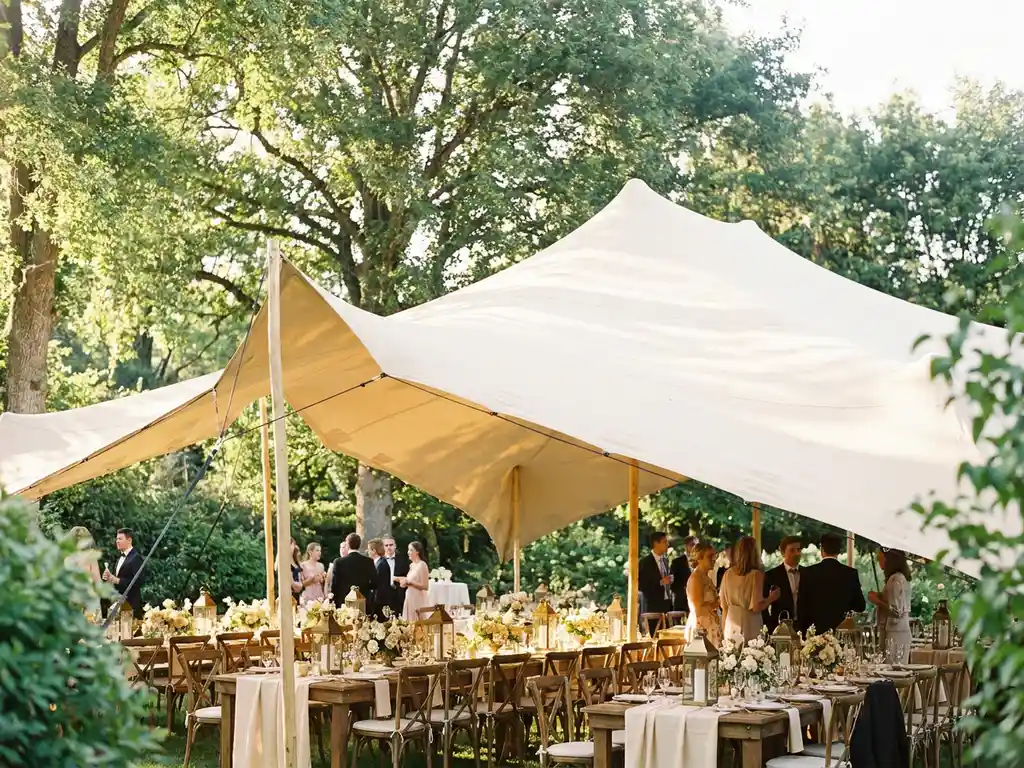Luxe stretch tent met golvend wit dak boven een elegante buitenbruiloft, badend in gouden middagzon tussen weelderig groen.