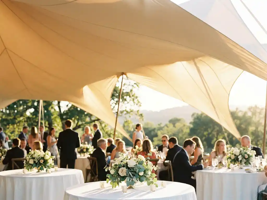 Elegante stretch tent boven een buitenreceptie met ronde tafels in wit linnen en bloemen in gouden middaglicht.