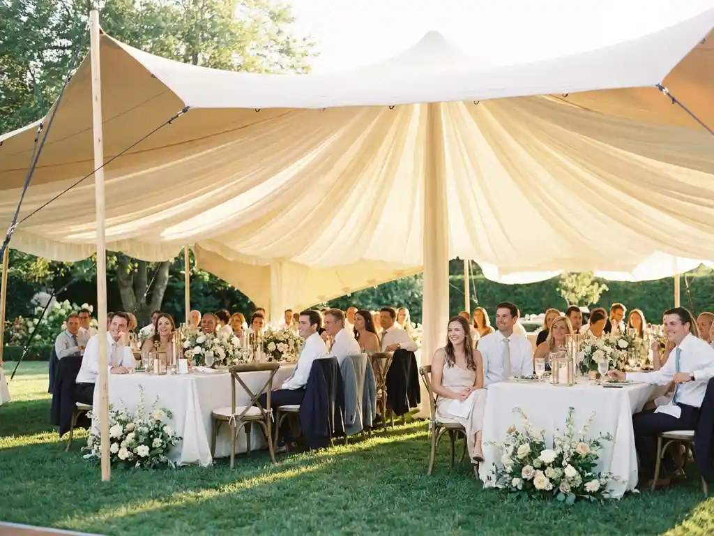 Witte stretch tent over een tuinbruiloft met ronde tafels in wit linnen, bloemstukken en gouden middaglicht door het doorzichtige dak.
