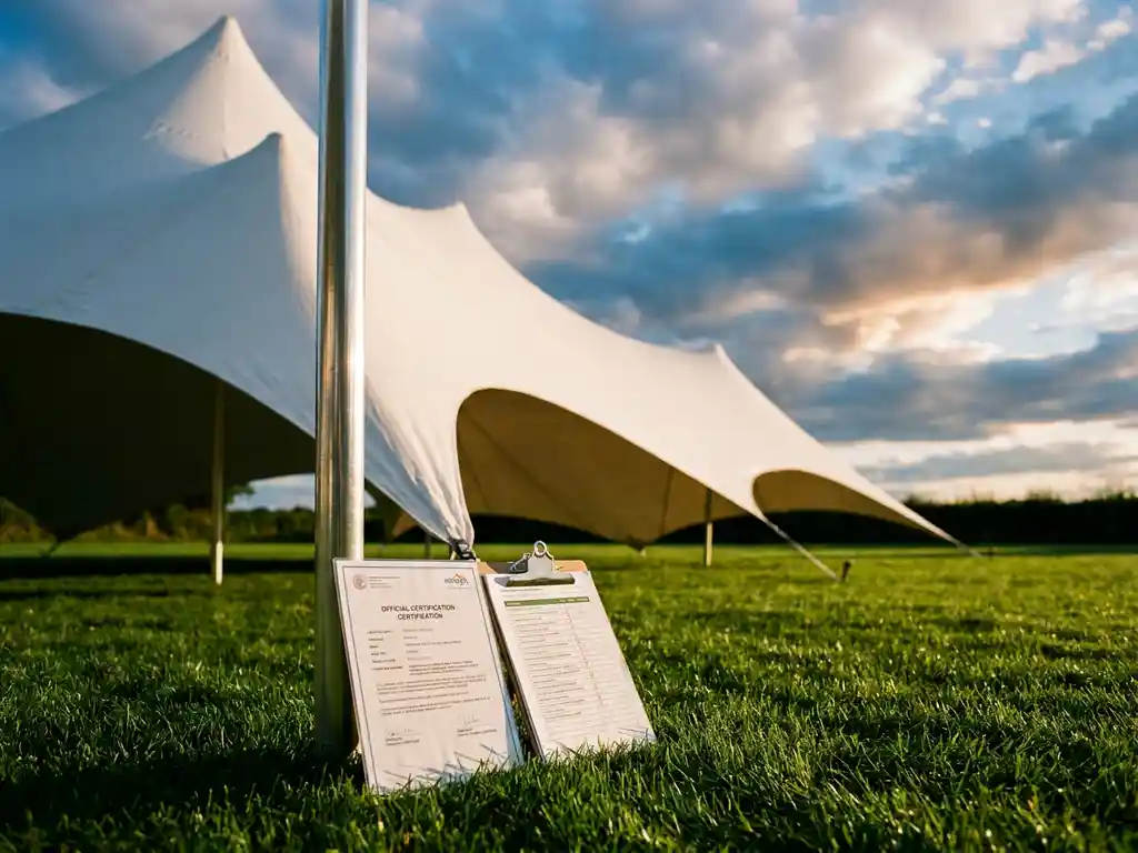 Witte stretchtent op groen evenemententerrein met veiligheidsinspectiedocumenten tegen aluminium paal, gouden-uurlicht en bewolkte lucht.