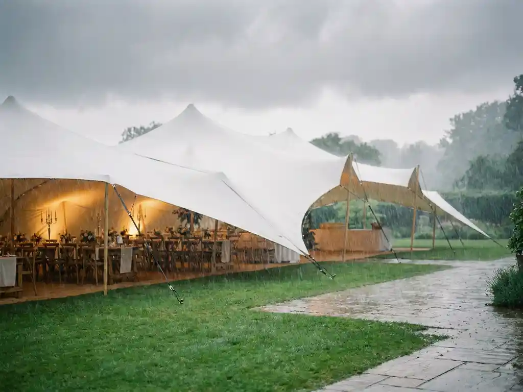 Witte stretchtent verlicht met warm goudlicht tijdens regenbui in groene tuin, bruiloftsdecoraties zichtbaar binnenin.