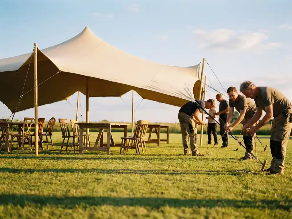 Arbeiders installeren een grote crèmekleurige stretchtent op groen gazon, met houten tafels en stoelen in warm middaglicht.