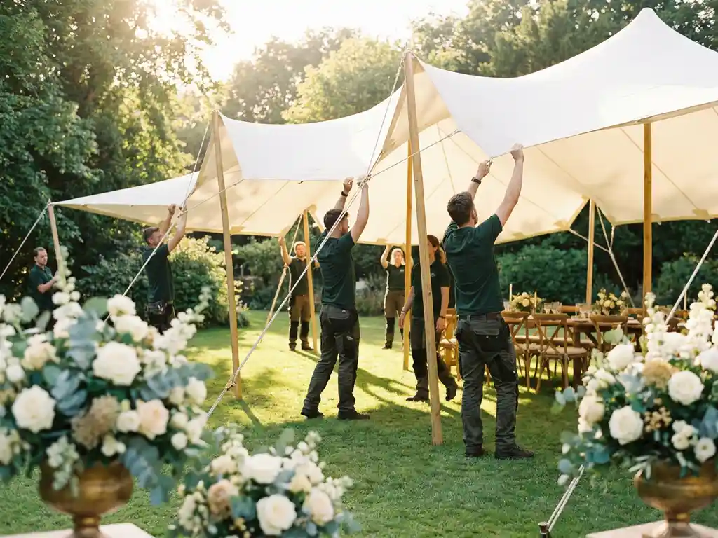 Professioneel team dat een grote witte stretchtent opzet op een zonnige tuinlocatie voor een bruiloft, met bloemstukken op de achtergrond.
