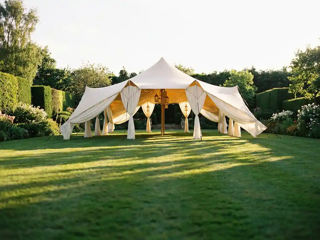 Witte stretch tent op privétuin met slingerverlichting in gouden middaglicht, omgeven door verzorgde hagen.