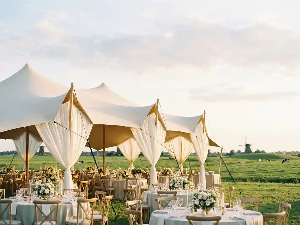 Elegante stretch tent met witte stof boven een bruiloftreceptie, ronde tafels met bloemstukken en kaarsen, Nederlands weidelandschap op achtergrond.