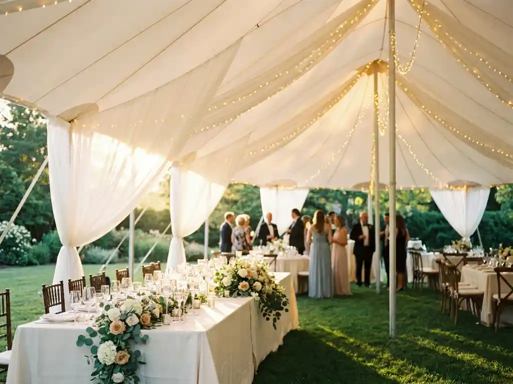 Witte stretch tent boven een buitenbruiloft met lange tafels, ivoren linnen, kristallen glazen en gouden lichtjes in warm avondlicht.