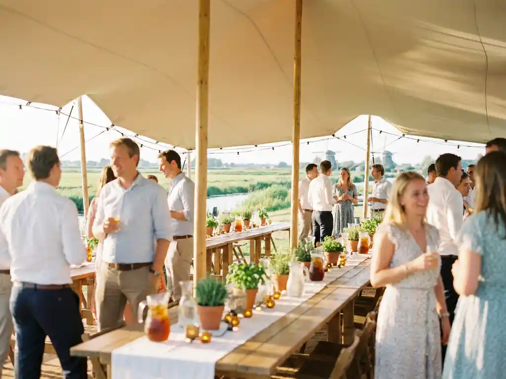 Elegante stretch tent boven een zakelijk zomerfeest buiten, met gedekte tafels, drankjes en groen in zonnig Nederlands landschap.